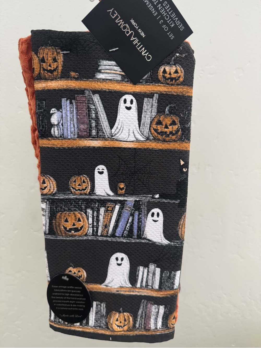 Cynthia Rowley Black Halloween Towel with White Ghosts and Orange Pumpkins